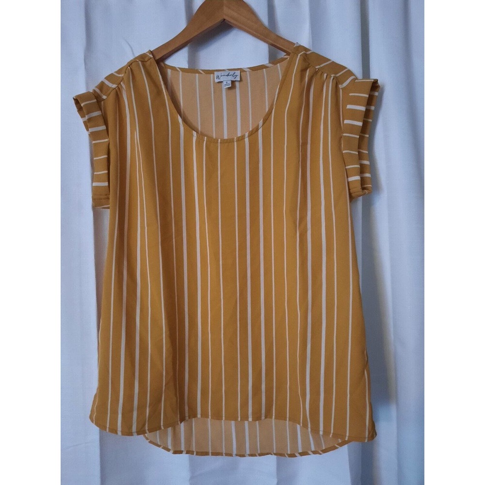 Wonderly Striped Mustard And White Short Dolman Sleeve Blouse Size Small